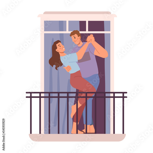 Man and woman in love dancing on balcony outdoors. Male and female personage enjoying romantic date or evening. Cartoon character, vector in flat style