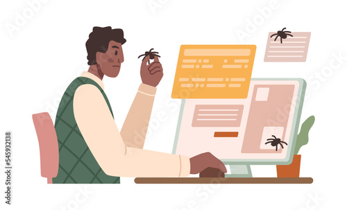 Programmer finding bugs in software, testing and fixing. Male sitting by computer improving work of programs and websites online. Vector in flat cartoon style