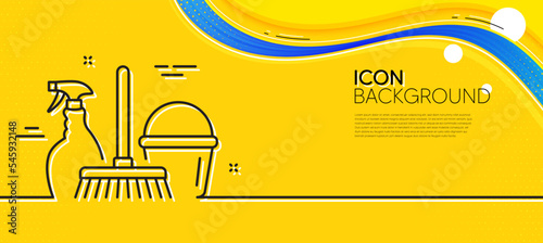 Cleaning service line icon. Abstract yellow background. Spray, bucket and mop symbol. Housekeeping equipment sign. Minimal household service line icon. Wave banner concept. Vector