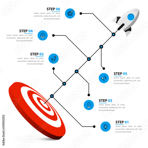Infographic template. Space rocket with dartboard and 6 steps