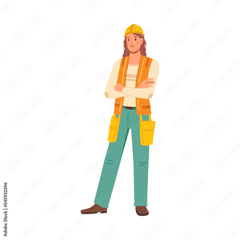 Builder or contractor, architect or designer on construction site. Isolated woman wearing hardhat. Personage or character, vector in flat cartoon style Builder or contractor, architect or designer on construction site. Isolated woman wearing hardhat. Personage or character, vector in flat cartoon style