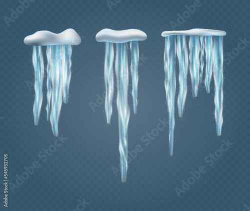 Set of realistic snow caps, icicles isolated over blue background. Design for winter and christmas