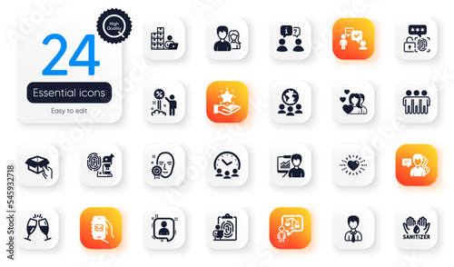 Set of People flat icons. Consulting business, Teamwork and Friendship elements for web application. Inventory, Global business, Fingerprint icons. Discount, Presentation. Vector