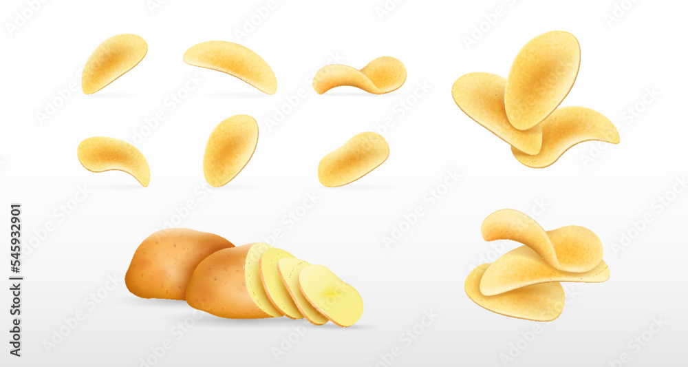 Set of sliced raw potato and crispy chips, salty snack food. Realistic spicy slices of fried potato Set of sliced raw potato and crispy chips, salty snack food. Realistic spicy slices of fried potato