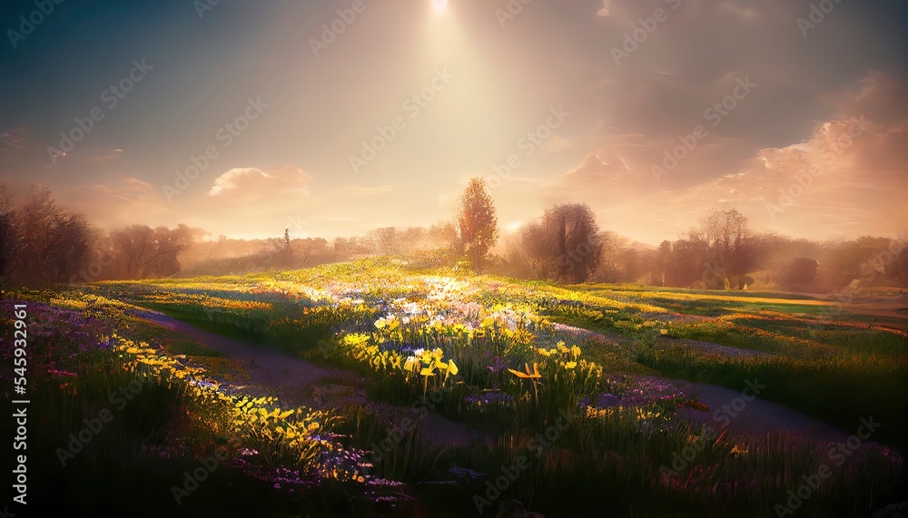 Spring seasonal background. Green forest with rees during spring season with warm sunlight Beautiful nature scene 3d render	