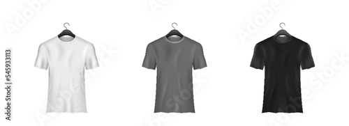 White, gray and black t-shirt set on rack hanger mockup. Sport blank shirt template front view