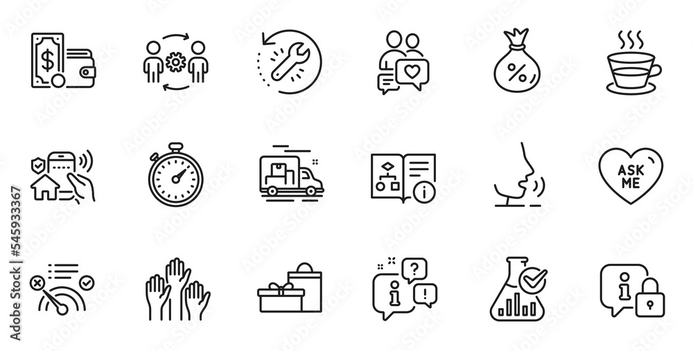 Outline set of Voting hands, Recovery tool and House security line icons for web application. Talk, information, delivery truck outline icon. Include Dating chat, Loan, Gifts icons. Vector