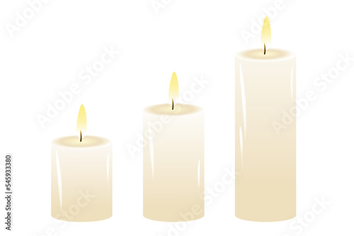 A set of burning white wax candles. A design element for holidays.Vector illustration isolated on a white background.