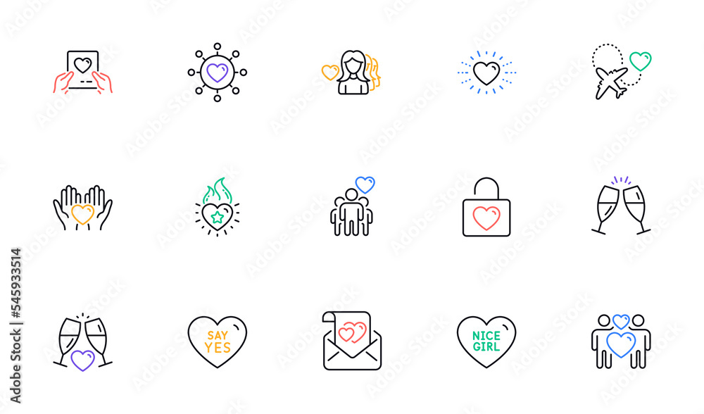 Champagne glasses, Love couple and Dating network line icons for website, printing. Collection of Honeymoon travel, Friendship, Say yes icons. Love letter, Wedding glasses. Vector