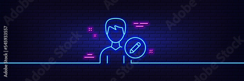 Neon light glow effect. Edit User line icon. Profile Avatar with pencil sign. Male Person silhouette symbol. 3d line neon glow icon. Brick wall banner. Edit person outline. Vector
