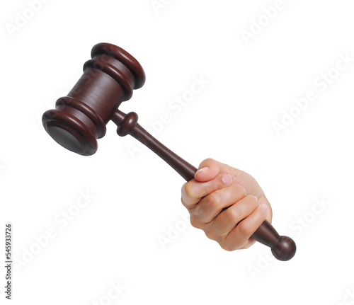 Fotografia Hand holding trial judgement hammer on layered png background.