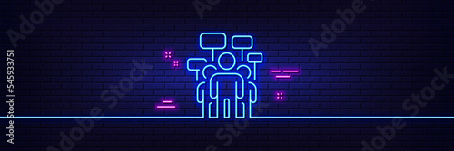 Neon light glow effect. Voting campaign line icon. People rally with signs. Public election symbol. 3d line neon glow icon. Brick wall banner. Voting campaign outline. Vector