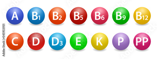 A set of colored icons of a multivitamin complex. Multivitamin supplement. Vitamin A, group B 1, B2, B6, B12, C, D, D3, E, K, P, PP. An essential vitamin complex. The concept of a healthy life