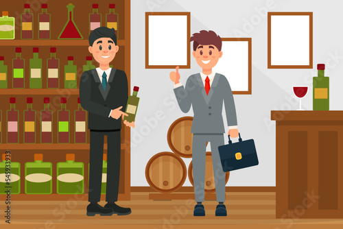 Cheerful man in suit selling alcoholic drinks. Man customer standing near wooden shelves with beverages buying bottle of wine flat vector