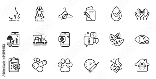Outline set of Dog paw, Pet shelter and Hospital nurse line icons for web application. Talk, information, delivery truck outline icon. Vector