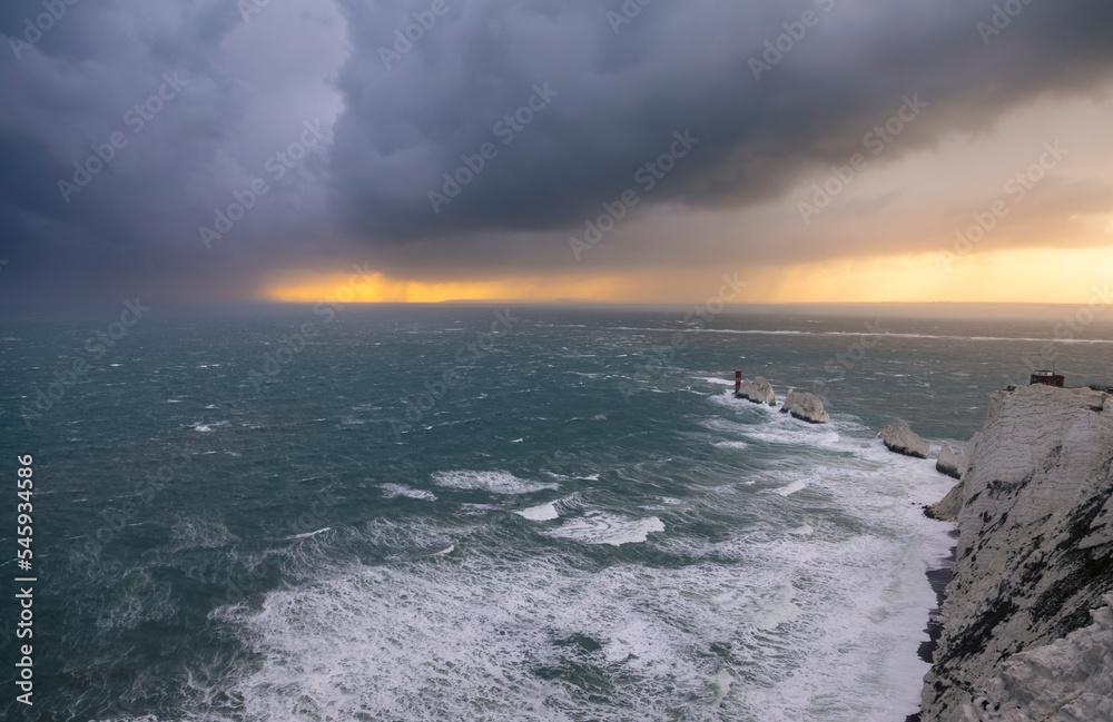 Stormy sunset at The Needles viewpoint Isle of Wight south east England UK
