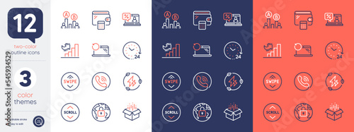 Set of 24 hours, Call center and Green electricity line icons. Include Growth chart, Recovery laptop, Online loan icons. Swipe up, Lock, Scroll down web elements. Open box, Ab testing, Wallet. Vector