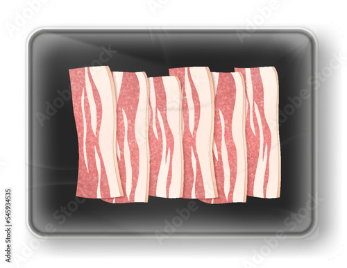 Fresh bacon in transparent plastic package. Meat on plastic trays or vacuum wrap container