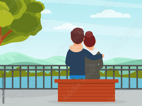 Man and Woman Couple Traveler Sitting on Bench and Watching Distant Mountains Engaged in Tourism Vector Illustration