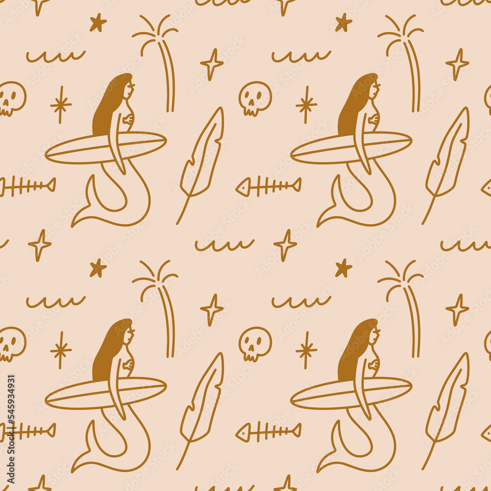 Vector doodle mermaid, sea and palm trees surf vector clip art elements seamless pattern. Cute ocean serena surfer girls background. Vintage retro style.