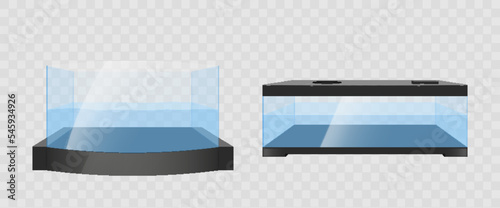 Aquarium glass box, terrarium isolated. Illuminated tank with water for fishes, exhibition showcase
