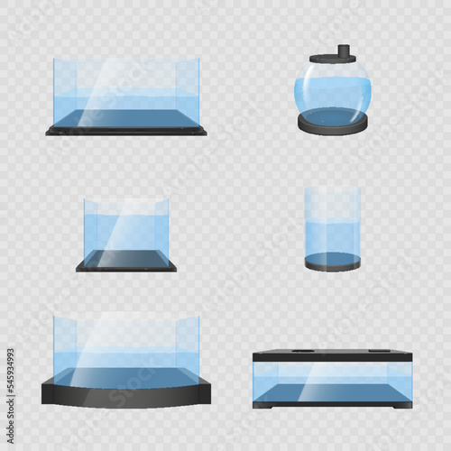 Realistic glass aquarium set. Fishbowl with water. Different forms of glass aquarium objects