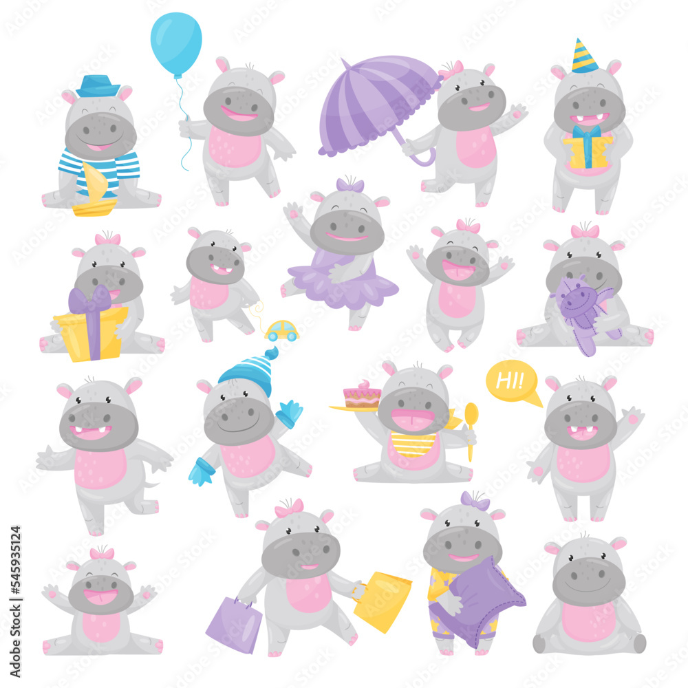 Funny Hippopotamus with Friendly Snout Enjoying Various Action Big Vector Set Funny Hippopotamus with Friendly Snout Enjoying Various Action Big Vector Set