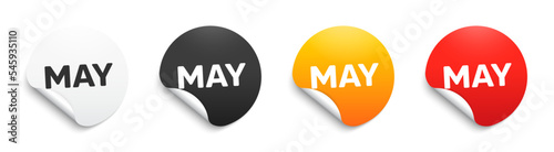May month icon. Round sticker badge with offer. Event schedule May date. Meeting appointment planner. Paper label banner. May adhesive tag. Vector