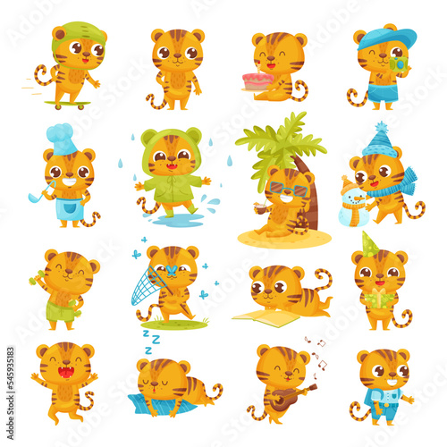 Set of cute baby tiger characters in different activities. Funny little wild animal skateboarding, cooking, catching butterflies with net, doing sports, playing guitar cartoon vector © Happypictures