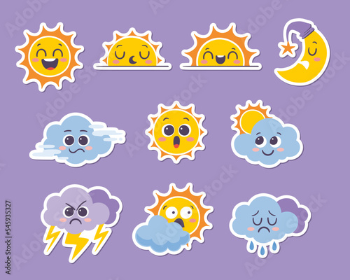 Weather forecast emoji stickers. Funny cartoon stickers of the sun, the moon, and clouds with different emotions: funny, sleepy, crying, angry, surprised... Set 2 of 2. Vector illustration.