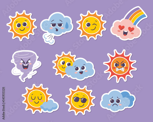 Weather forecast emoji stickers. Funny cartoon stickers of the sun and clouds with different emotions: happy, cool, sad, angry... Set 1 of 2. Vector illustration. 10 sticker collection.