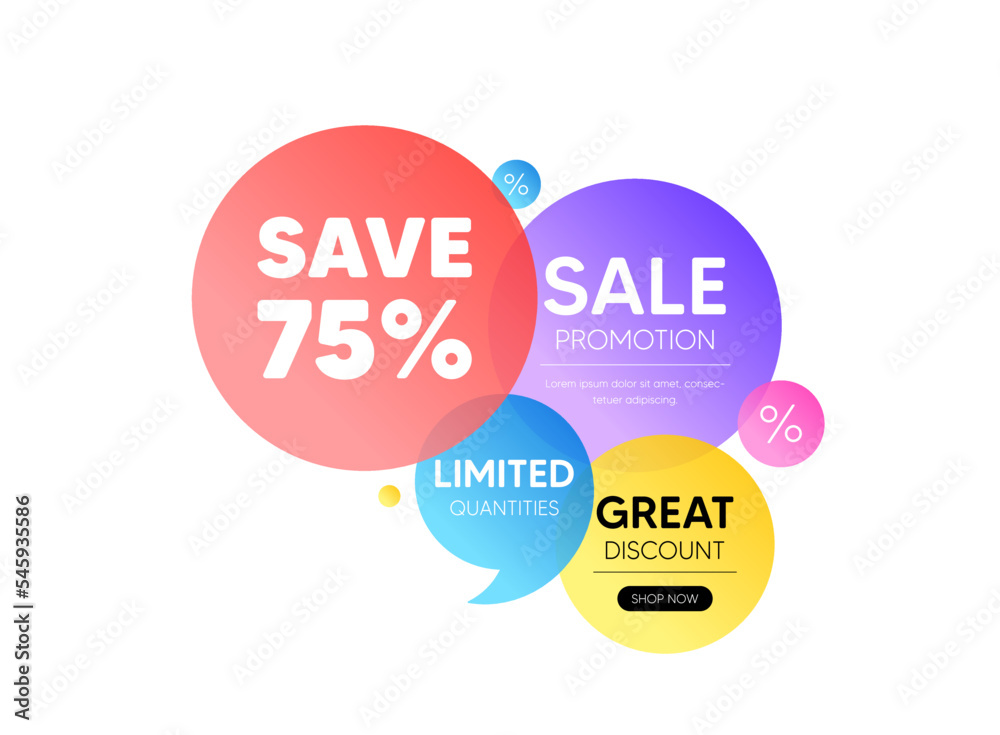 Discount offer bubble banner. Save 75 percent off tag. Sale Discount offer price sign. Special offer symbol. Promo coupon banner. Discount round tag. Quote shape element. Vector Discount offer bubble banner. Save 75 percent off tag. Sale Discount offer price sign. Special offer symbol. Promo coupon banner. Discount round tag. Quote shape element. Vector