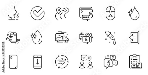Outline set of Verify, Inventory checklist and Road line icons for web application. Talk, information, delivery truck outline icon. Include Freezing water, Sign out, Wind energy icons. Vector