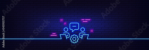 Neon light glow effect. Teamwork line icon. Remote office sign. Team employees symbol. 3d line neon glow icon. Brick wall banner. Teamwork outline. Vector