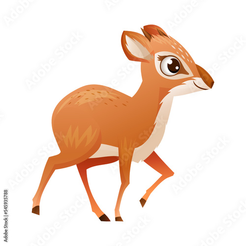 Walking Brown Dik-dik as African Small Antelope with Horns Vector Illustration