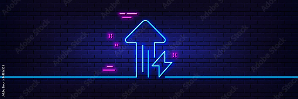 Neon light glow effect. Energy line icon. Thunderbolt sign. Power consumption symbol. 3d line neon glow icon. Brick wall banner. Energy growing outline. Vector Neon light glow effect. Energy line icon. Thunderbolt sign. Power consumption symbol. 3d line neon glow icon. Brick wall banner. Energy growing outline. Vector