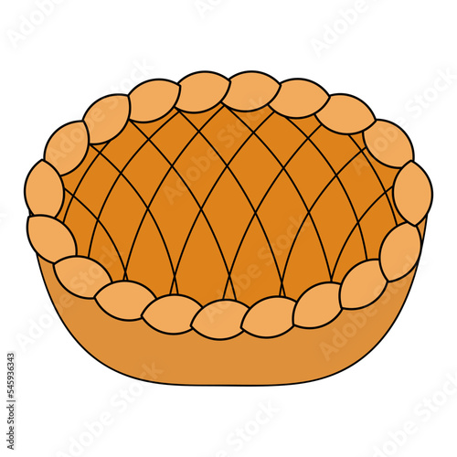Pumpkin pie. Mesh ornament. Color vector illustration. Cartoon style. Thanksgiving symbol. Delicious appetizer with a fried crust cooked in the oven. Isolated background. Idea for web design.