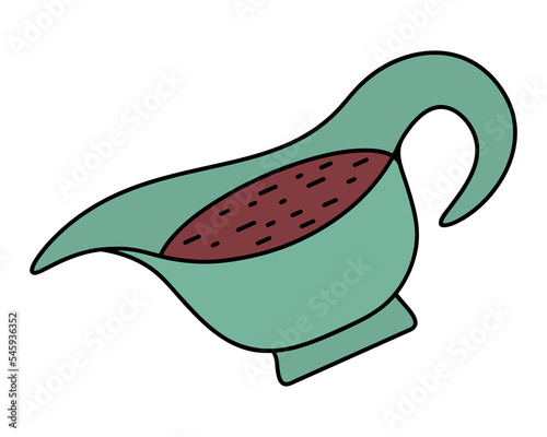 Sauce bowl. Color vector illustration. Isolated background. Cartoon style. A traditional gravy for a hot dinner. Ceramic mug for filling. Syrup container with spout. Dishes with sauce inside. 
