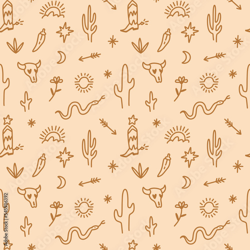 Boho seamless pattern with western desert cartoon ornamental wallpaper. Cowboy boot, bull animal skull, chili pepper, snakes, cacti, arrows, celestial and floral elements collection. Wild west