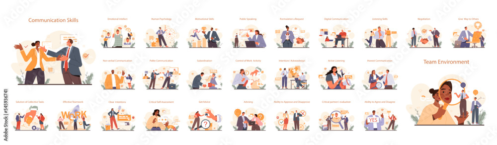 Soft skills set. Business people or employees with communication skill.