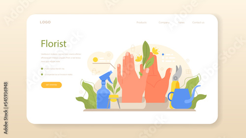 Florist web banner or landing page. Floral designer growing plant