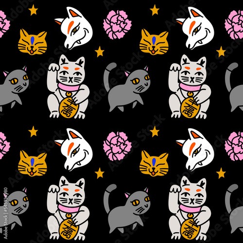 Seamless pattern with Japanese cartoon elements. Kitsune mask, maneki-neko lucky cat, little kittens and peony Japan flower. Characters isolated on dark background. Vector clip art hand drawn
