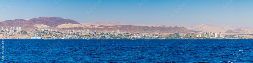 A panorama view from the Bay of Aquaba along the shoreline of Aqaba, Jordan in sumertime