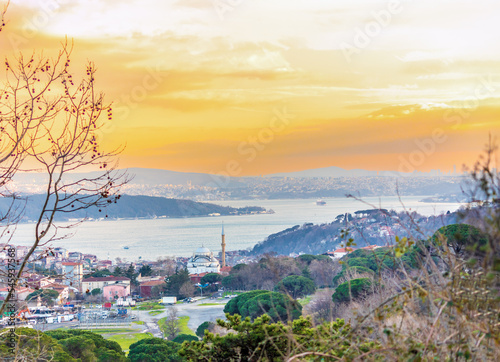 The beautiful panoramic view of the Bosphorus with sunset sky