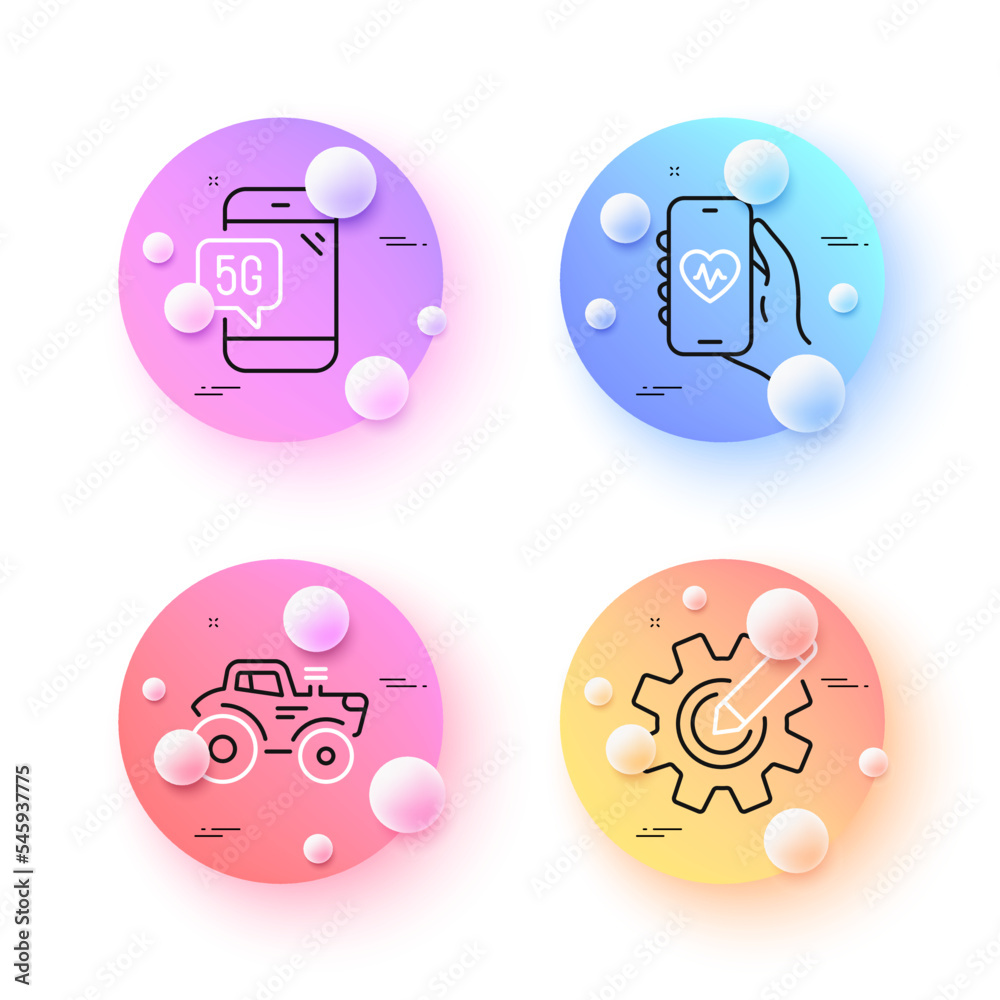 Tractor, 5g phone and Cogwheel minimal line icons. 3d spheres or balls buttons. Health app icons. For web, application, printing. Farm transport, Wifi internet, Edit settings. Vector Tractor, 5g phone and Cogwheel minimal line icons. 3d spheres or balls buttons. Health app icons. For web, application, printing. Farm transport, Wifi internet, Edit settings. Vector