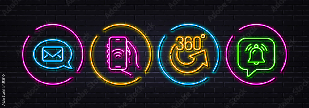 360 degrees, Internet app and Messenger minimal line icons. Neon laser 3d lights. Notification bubble icons. For web, application, printing. Full rotation, Smartphone wifi, New message. Bell. Vector 360 degrees, Internet app and Messenger minimal line icons. Neon laser 3d lights. Notification bubble icons. For web, application, printing. Full rotation, Smartphone wifi, New message. Bell. Vector