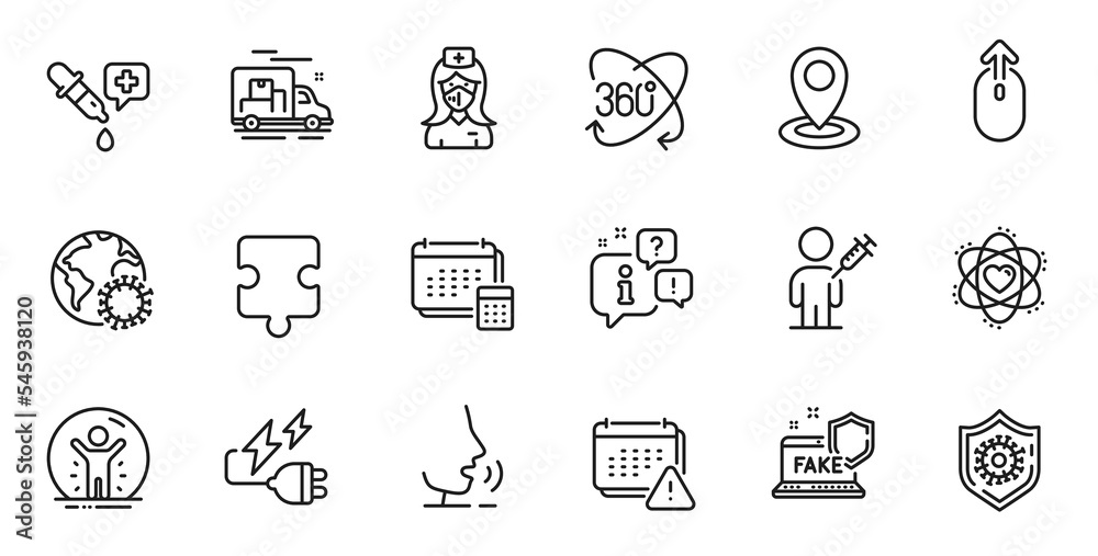 Outline set of Nurse, Fake internet and Account line icons for web application. Talk, information, delivery truck outline icon. Include People vaccination, Location, Full rotation icons. Vector Outline set of Nurse, Fake internet and Account line icons for web application. Talk, information, delivery truck outline icon. Include People vaccination, Location, Full rotation icons. Vector