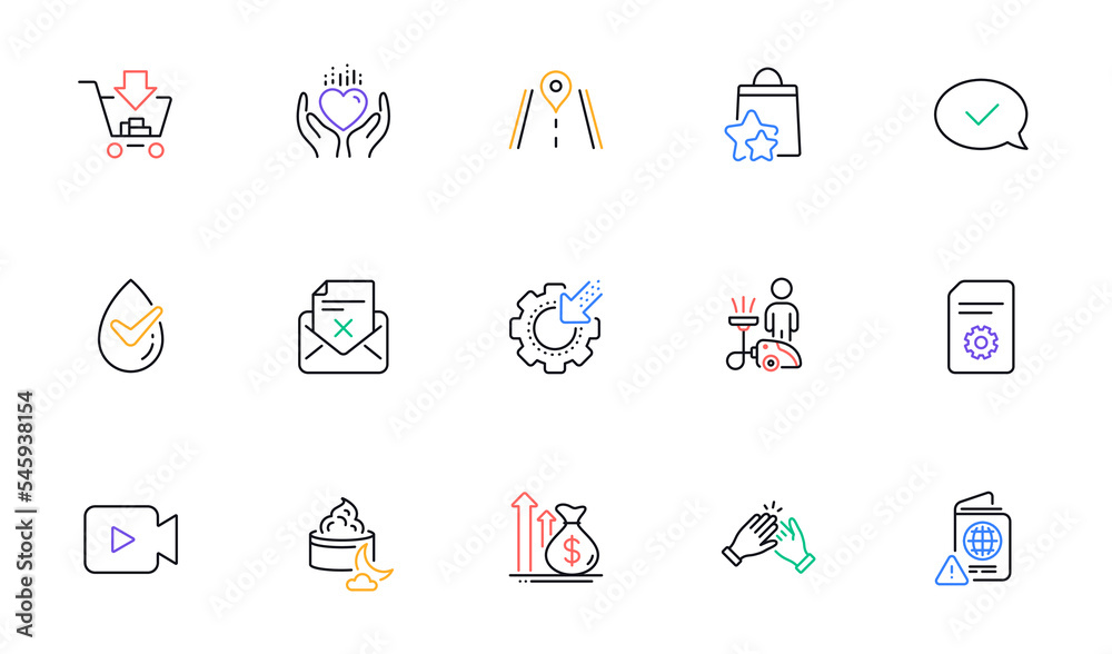 Hold heart, Reject letter and File settings line icons for website, printing. Collection of Road, Budget, Dermatologically tested icons. Video camera, Approved message, Shopping web elements. Vector Hold heart, Reject letter and File settings line icons for website, printing. Collection of Road, Budget, Dermatologically tested icons. Video camera, Approved message, Shopping web elements. Vector