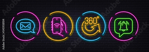 360 degrees, Internet app and Messenger minimal line icons. Neon laser 3d lights. Notification bubble icons. For web, application, printing. Full rotation, Smartphone wifi, New message. Bell. Vector
