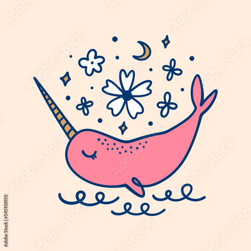 Flat doodle cartoon pink fairytale magic unicorn whale girl, narwhal hand drawn vector illustration isolated on color background. Sea and ocean character, aquatic marine life art. Floral childish
